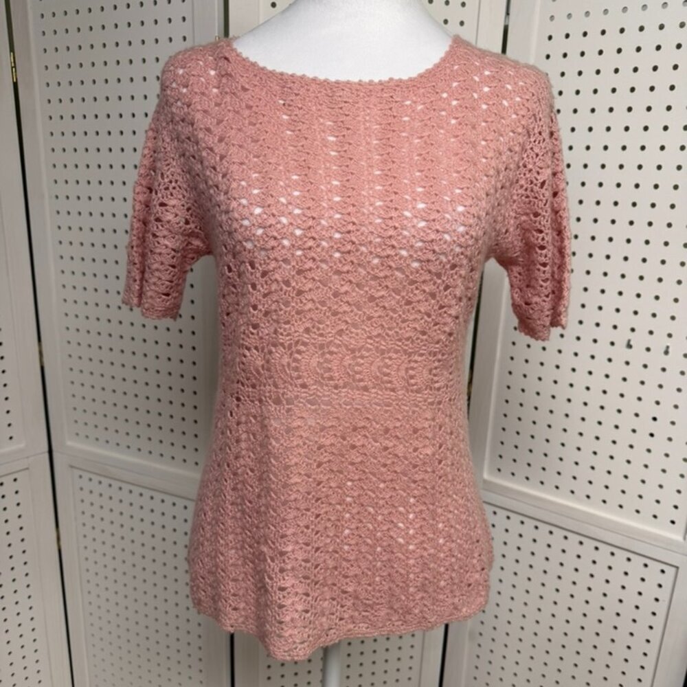Vintage Y2K Cynthia Steffe Silk Cashmere Blend Pink Crochet Womens Top Large